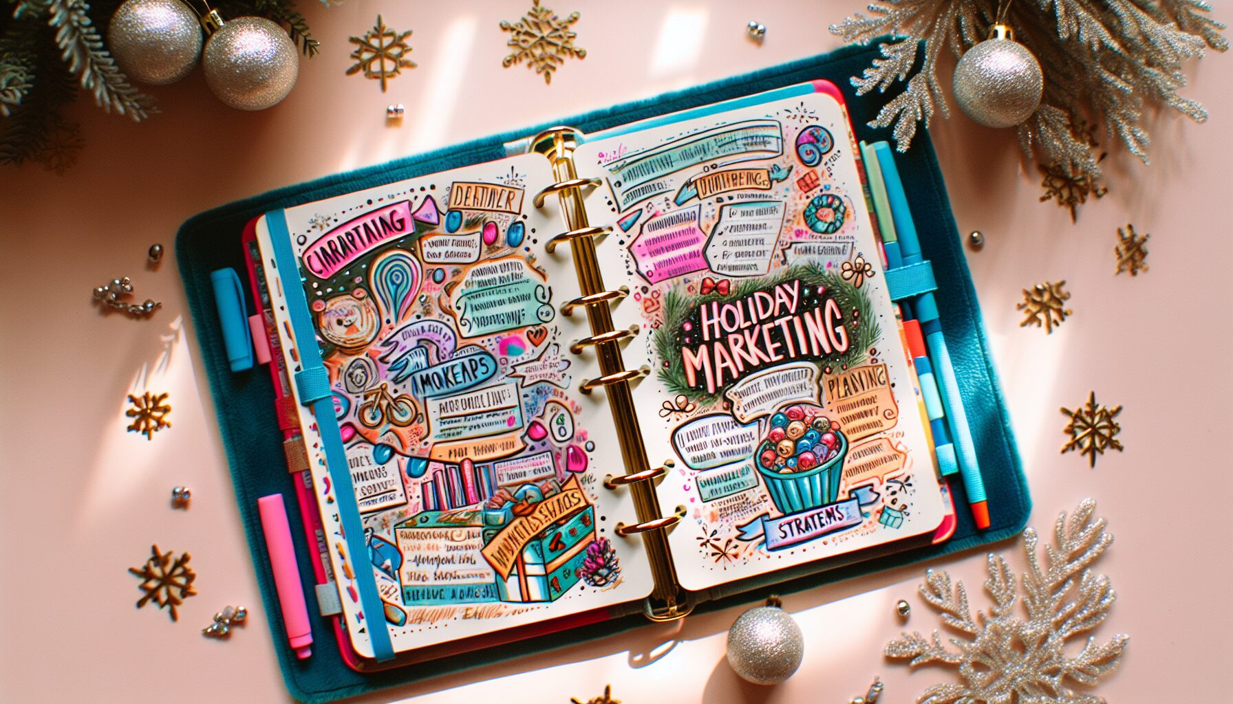 A planner with holiday marketing strategies for holidays.