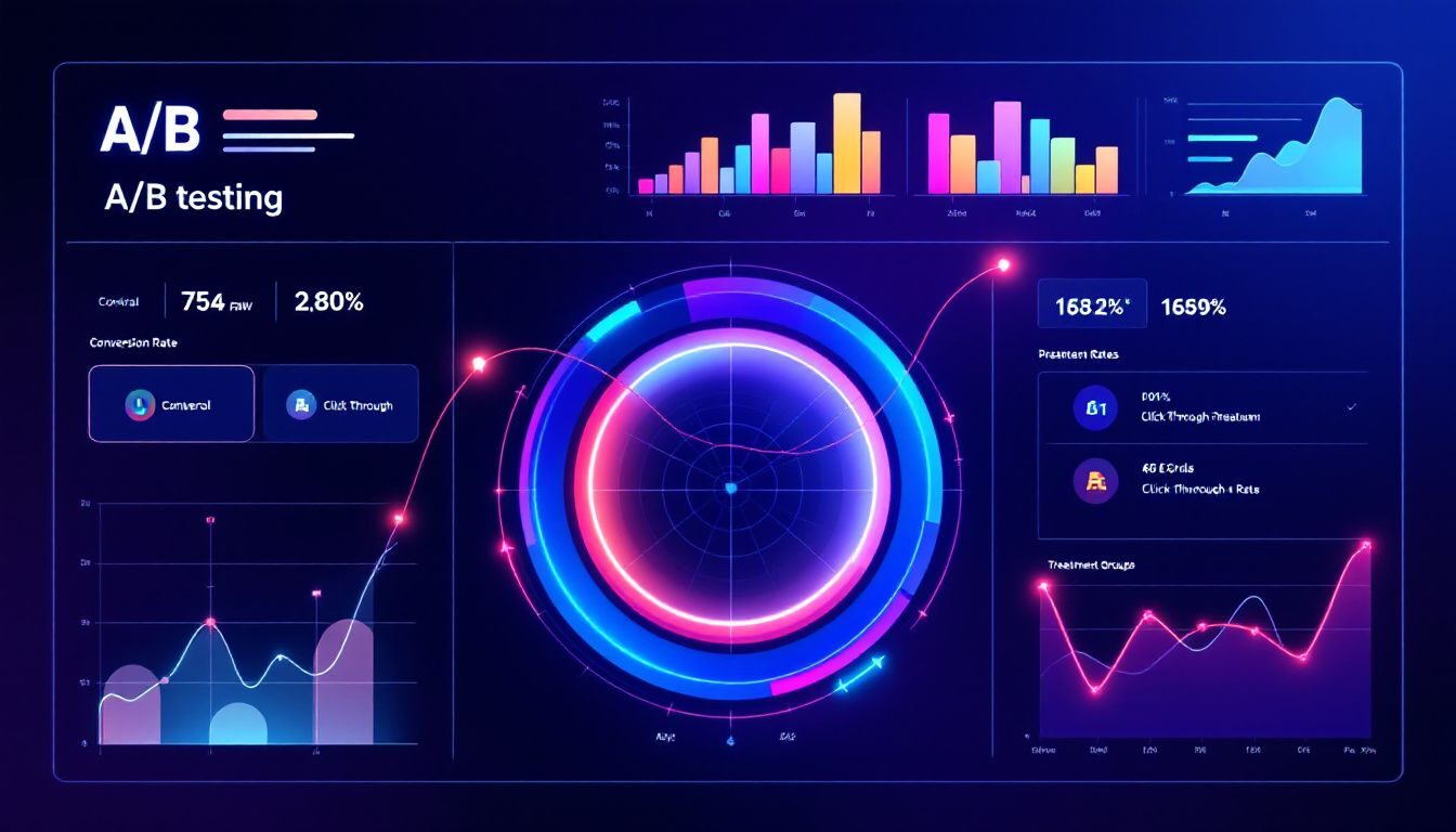 Analytics dashboard displaying AB testing metrics.